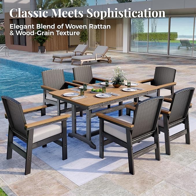 MIXPATIO 7-Piece Outdoor Patio Dining Sets, Patio Table and Chairs Set, HDPE Outdoor Dining Set, Rattan Wicker Patio Set with Ultra-Soft Cushions for Backyard, Deck, Garden - Black