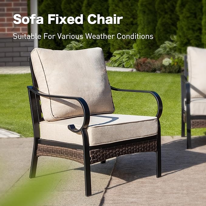 4 Piece Black Metal Outdoor Patio Furniture Sets with Firepit Table, Patio Conversation Sets 1 3-Seater Sofa, 2 Single Sofa with 5.75" Thick Cushion Backyard Furniture for Deck, Beige