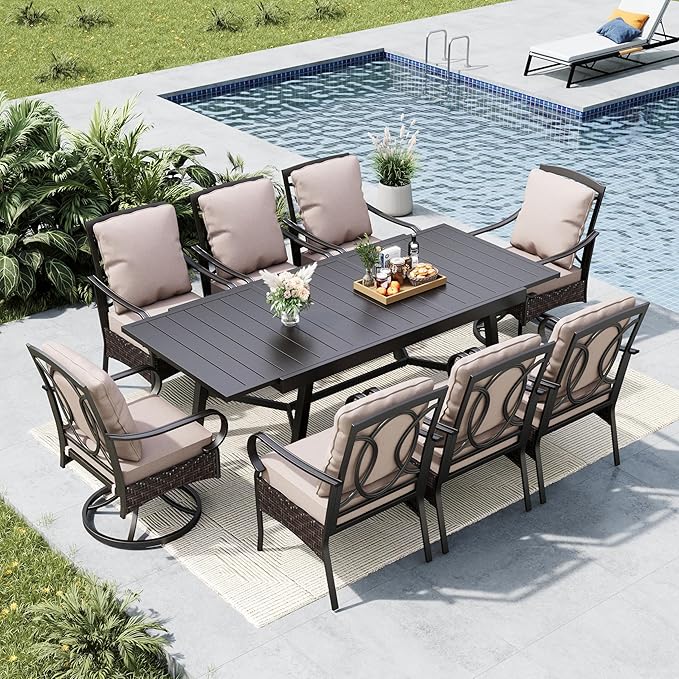 MFSTUDIO Patio Expandable Dining Sets for 8, Metal Rectangular Table and Swivel & Leg Chairs, Expandable Patio Table Set, 8 Oversized Wicker Chairs, 9 Pieces Heavy Duty Outdoor Dining Furniture