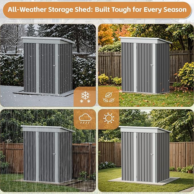 Greesum 5×3 FT Outdoor Storage Shed, Metal Storaged Sheds Without Floor, Tool Sheds with Lockable Doors and Slooping Roof for Garden, Patio, Backyard, Gray