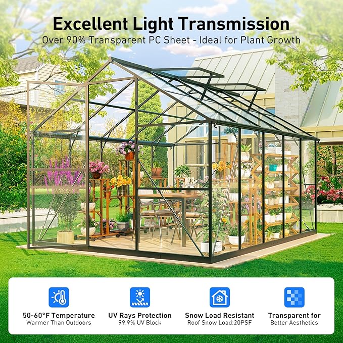 Outdoor Greenhouse with 3mm Transparent PC Panels, Small Walk-in Greenhouse,Vented Roof Window, Windproof Aluminum Frame with Quick-Installation Structure, Suitable for Gardening