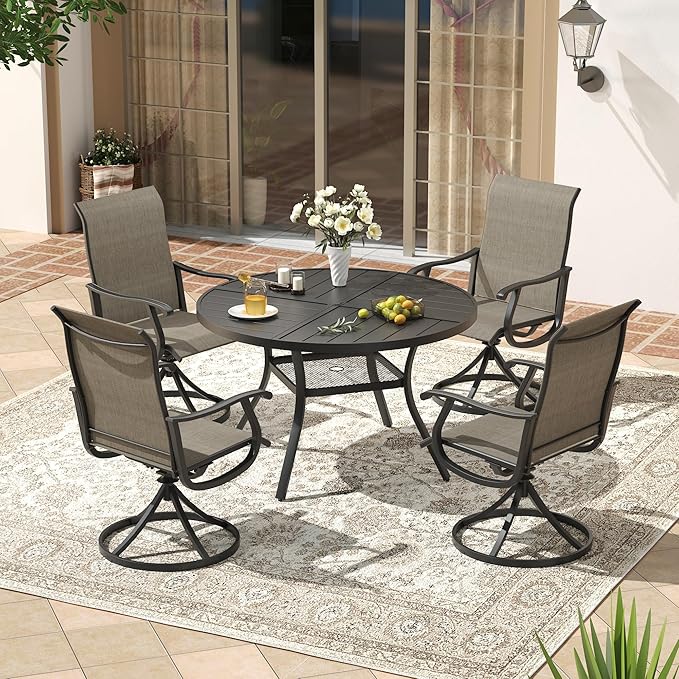 VICLLAX Round Patio Dining Table, 4 Person Metal Outdoor Dining Table with Umbrella Hole and Storage Shelf for Garden Lawn Deck, 40.6" Black