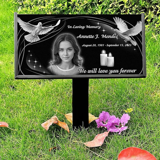 HALERGED 16x8 Headstone/Tombstone, Personalized with Photo & Text, Engraved on Premium Granite Headstones for Graves,Garden Memorial Stones,Memorial plaques for Outdoors,