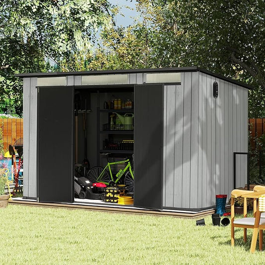 Domi 6.2x11FT Outdoor Resin Storage Shed, All-Weather Double-Wall Storage Building with Sloping Roof for Backyard, Garden, Lawn Tools, Mower, Bike & Pool Equipment, Lockable Doors, Ventilated Roof