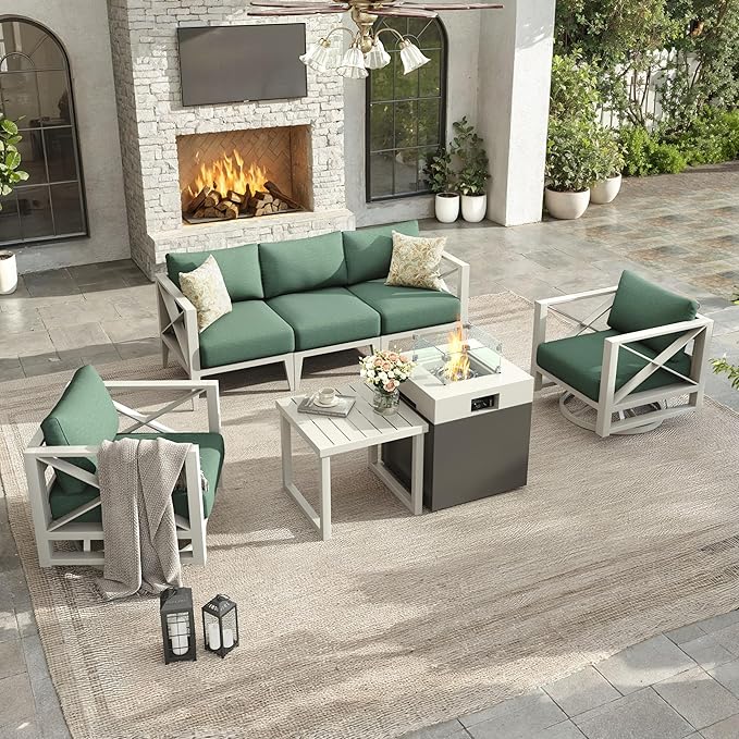 Aluminum Patio Furniture Set with Fire Pit Table,5-Seats Patio Sectional Conversation Sofa with 6" All-Weather Cushions and 2 Swivel Rocking Chairs,Outdoor Furniture Set(White)
