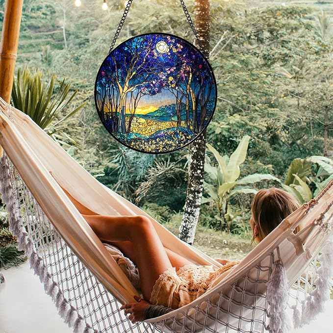 QZQCBLC Stained Glass Window Hanging Blue Purple Forest Trees Landscape Moon 7.8" - Suncatcher Door Garden Sun Catcher Home Decor Birthday Christmas for Mom Men Woman Nana