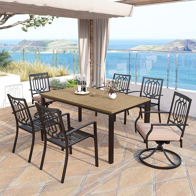 MFSTUDIO Outdoor Dining Set for 6, Patio Table and Chairs Set with Umbrella Hole, 7 Piece Patio Dining Set with Stackable Chairs and Swivel Chairs