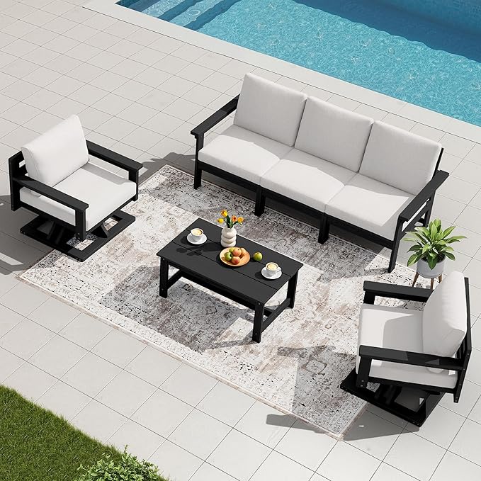 SERWALL HDPE Outdoor Patio Furniture Set, All-Weather 3-Seater Couch with 2 Single Seat Swivel Sofas with Thick Cushions for Lawn, Deck, Black Frame with Beige Cushions