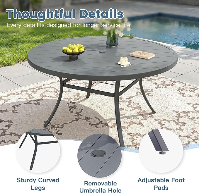 DIFY Patio Round Dining Table, 53" All Weather Round Outdoor Table with 1.57" Umbrella Hole for 8 Person, Perfect for Yard, Balcony and Lawn, Grey