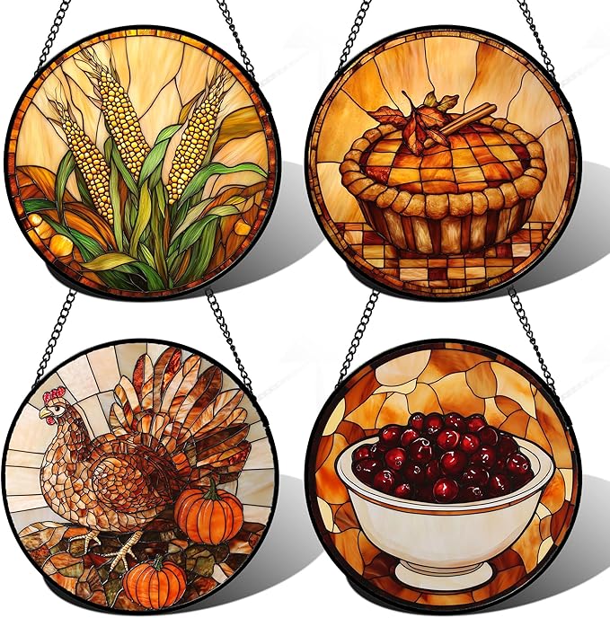 AMDERVEN Stained Glass Window Hanging 4 Pcs Set Brown Turkey Berry Corn 6.3" - Suncatcher Door Garden Sun Catcher Decor Birthday Thanksgiving Mother's Day for Mom Woman Nana Men