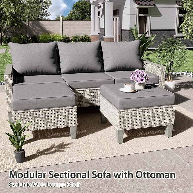 Outdoor Patio Furniture Set with Rattan Fire Pit Table 8-Piece Modular Wicker Sectional Sofa with Ottomans and Thick Cushions, Modern Rattan Outdoor Conversation Couch, Grey