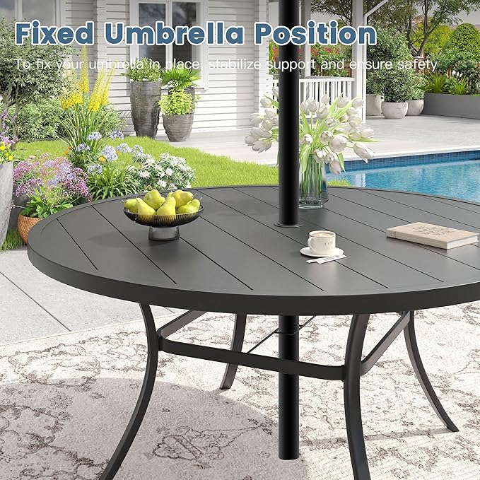 DIFY Patio Round Dining Table, 53" All Weather Round Outdoor Table with 1.57" Umbrella Hole for 8 Person, Perfect for Yard, Balcony and Lawn, Black Tabletop