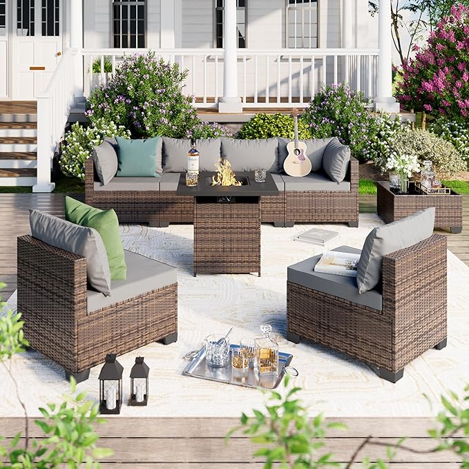 7/8-Piece Patio Conversation Set with Fire Pit Table, Outdoor All-Weather Rattan Sofa Sectional, Handwoven Wicker Furniture for Backyard, Easy Assembly & Weather-Resistant Design