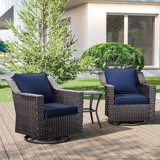 3 Pieces Wicker Patio Furniture, Luxury Outdoor Rattan Furniture with 2 Patio Swivel Chair,Side Table, Wide Armrest, Thickened Cushions, Ideal for Deck, Porch Use