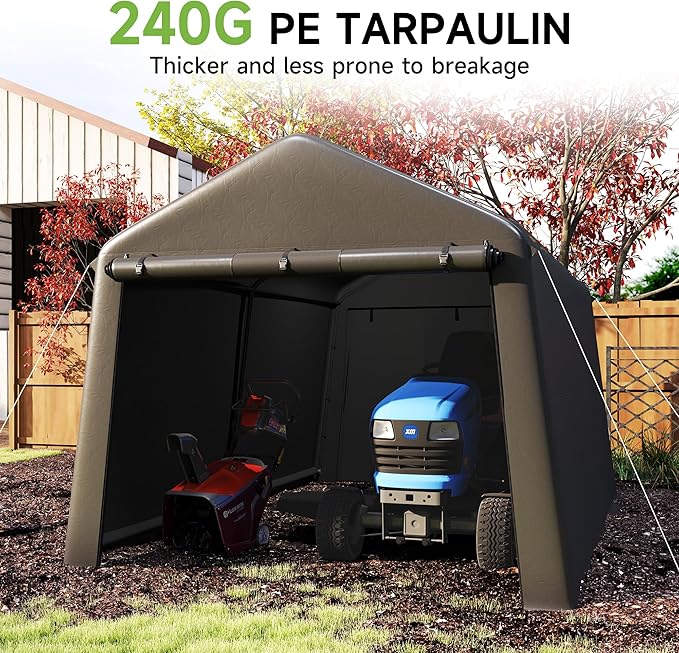Real Relax Outdoor 8x14 ft Heavy Duty Carport for Snowmobile & Garden Tools, 240g PE Waterproof Cover & 1.2mm Steel Frame, Waterproof with 2 Roll-Up Doors & Vents