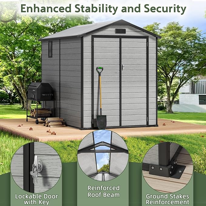 6×8FT Plastic Outdoor Storage Shed, Double Door Tool Shed with Transparent Roof and Vent, Lockable Door with Key, Storing Patio Furniture, Gardening Tools, and Bicycle Accessories.