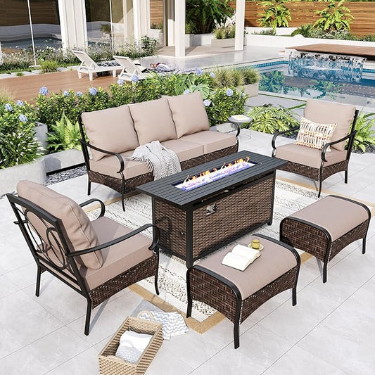 GREEN PARTY Extra Large Outdoor Patio Furniture Set with 56" Fire Pit Table 6 Pieces for 7, Modern Metal Patio Conversation Sets with High Back 3-Seat Sofa, 2 Fixed Chairs, 2 Ottoman, 1 Pit Table
