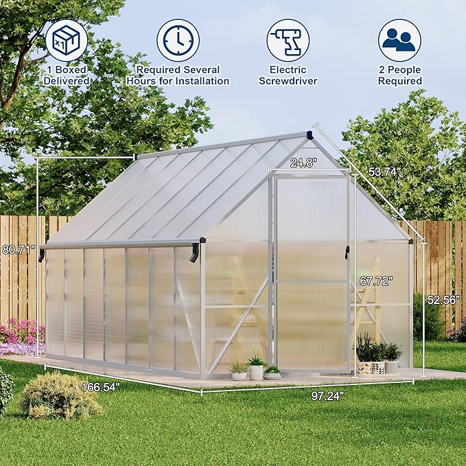 Polycarbonate Greenhouse for Outdoors, Large Walk-InGreenhouse with Quick Setup Structure and Roof Vent, Greenhouse with Ventilation