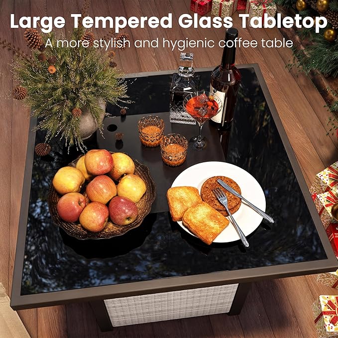 Propane Fire Pit Table, Outdoor Fire Pit Table, 28" Rattan Square Outdoor Gas Fire Pit with Glass Wind Guard, Tempered Glass Tabletop, Lid, CSA Listed, 50,000 BTU for Outside Patio Deck & Garden