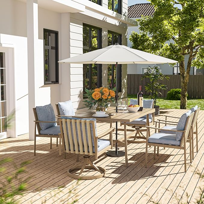 HAPPATIO 7-Piece Outdoor Dining Set for 6, Aluminum Patio Dining Set Includes 4 Dining Chairs, 2 Swivel Dining Chairs, and 1 Large Rectangular Table with Umbrella Hole, for Lawn Porch Backyard, Brown