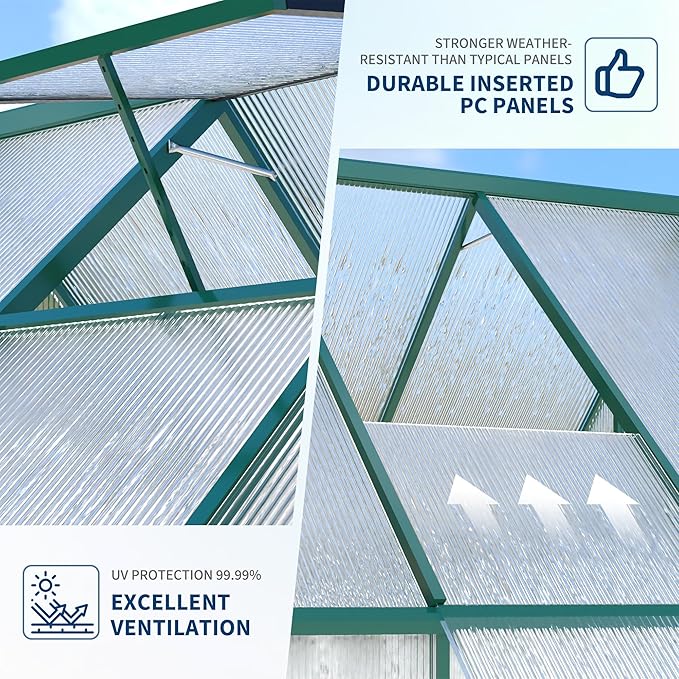 Polycarbonate Greenhouse for Outdoors, Large Walk-InGreenhouse with Quick Setup Structure and Roof Vent, Greenhouse with Ventilation