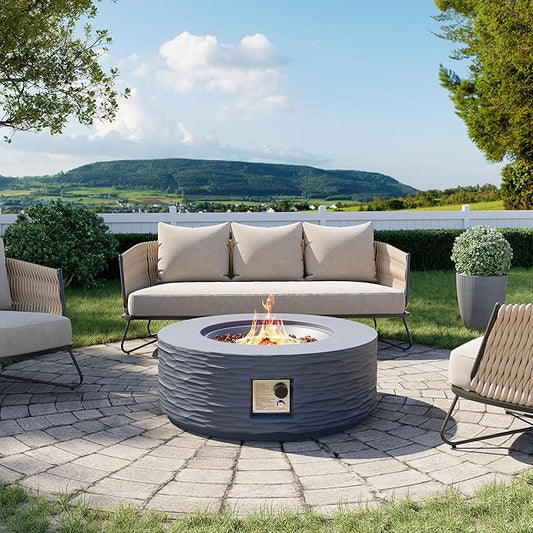 Cosiest Propane Fire Pit for Outside, 35 in Round Gas Fire Pits for Outdoor Patio, Certified, 50000 BTU Concrete Rectangle Base with Rain Cover, Free Lava Rocks