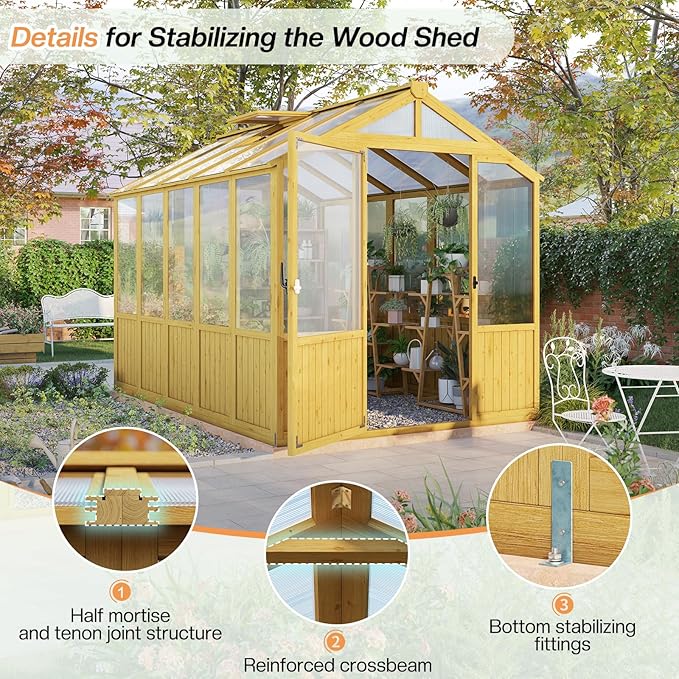 Jocisland 6x8x6.5 Ft Wooden Outdoor Storage Shed, Pre-Assembled Cedar Frame, Outdoor Shed with Lockable Door, Adjustable Roof Vents, Polycarbonate Panels for Outdoor, Garden, Backyard