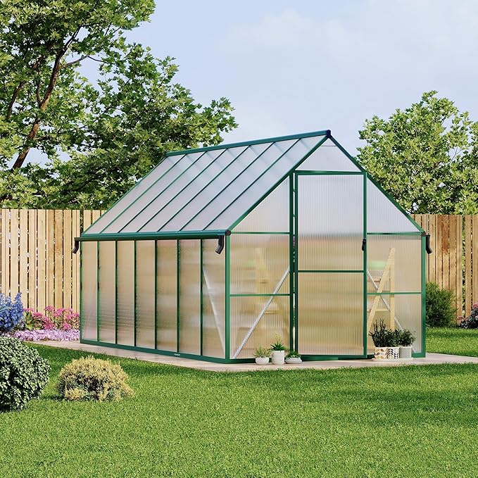 Polycarbonate Greenhouse for Outdoors, Large Walk-InGreenhouse with Quick Setup Structure and Roof Vent, Greenhouse with Ventilation