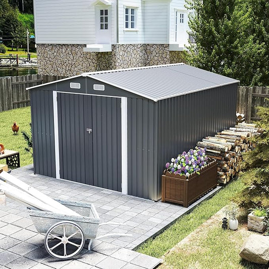 9x11 FT Outdoor Metal Storage Shed with Lockable Door, Steel Garden Utility Shed with Vents, Backyard Patio Tool Shed for Lawn Equipment, Bike, Firewood and Mower Storage, Gray