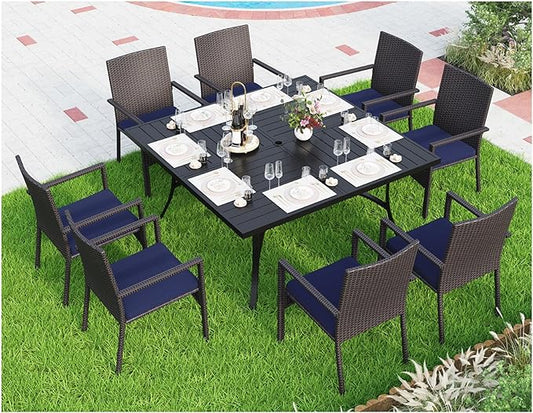 MFSTUDIO 9 Pieces Outdoor Dining Set for 8, 60" Square Table & Wicker Chairs with Cushions, Durable Patio Dining Furniture Set for Deck, Large E-Coated Metal Dining Table for 8