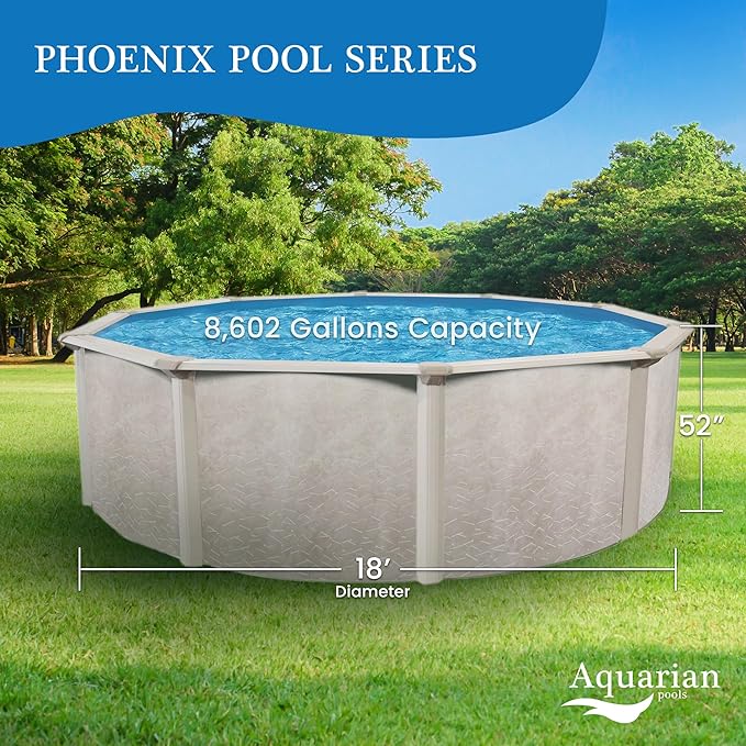 Aquarian Above Ground Pool Kit w/ Sand Filter & Pump, Phoenix Steel-Frame, 18', Gray - Large Heavy-Duty Outdoor Family Swimming Pool for Backyard, Patio, and Yard