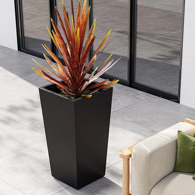 CABIHOME 30 Inch Tall Outdoor Planters Set of 2, High Front Porch Planter Pots with Drainage Holes, Water Level Monitor and Wheels, for Porch or Patio, Black