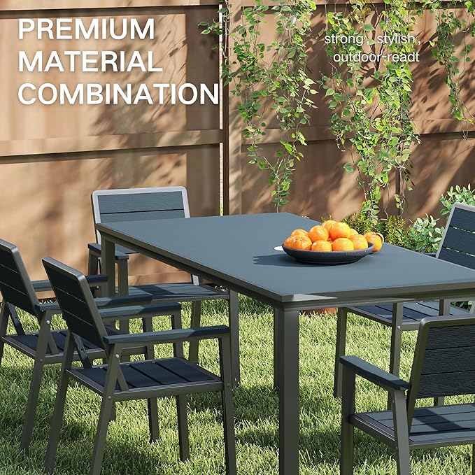 Kingdura 7 Piece Patio Dining Set for 6, HDPE Outdoor Table & Chairs with 11ft Cantilever Patio Umbrella, All-Weather Outdoor Furniture Patio Conversation Set for Lawn Pool Backyard, Blue