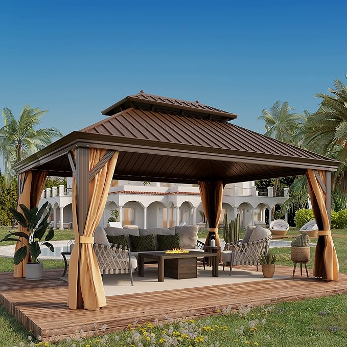 GAZEBEST 12' X 16' Hardtop Gazebo, Outdoor Galvanized Steel Double Roof Permanent Aluminum Frame Pavilion Pergola Canopy with Privacy Curtains for Garden, Patio, Backyard, Deck and Lawns.