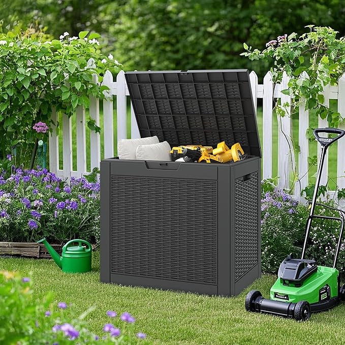 NUNU LAB 30 Gallon Outdoor Storage Box Waterproof, Outside Package Delivery Deck Boxes with Lockable Lid, Backyard Storage Bin For Garden Tools, Patio Cushions, Pool Accessories, Black