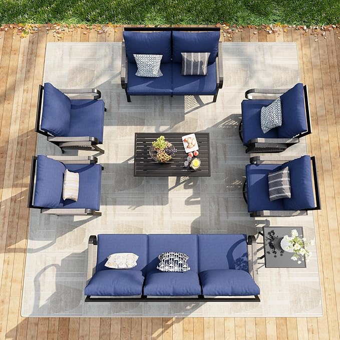 8 Pieces Modern Patio Furniture Set, All Weather Metal Outdoor Conversation Sets with 5.1" Extra Thick Cushion for Backyard Garden Deck Porch Poolside, Blue