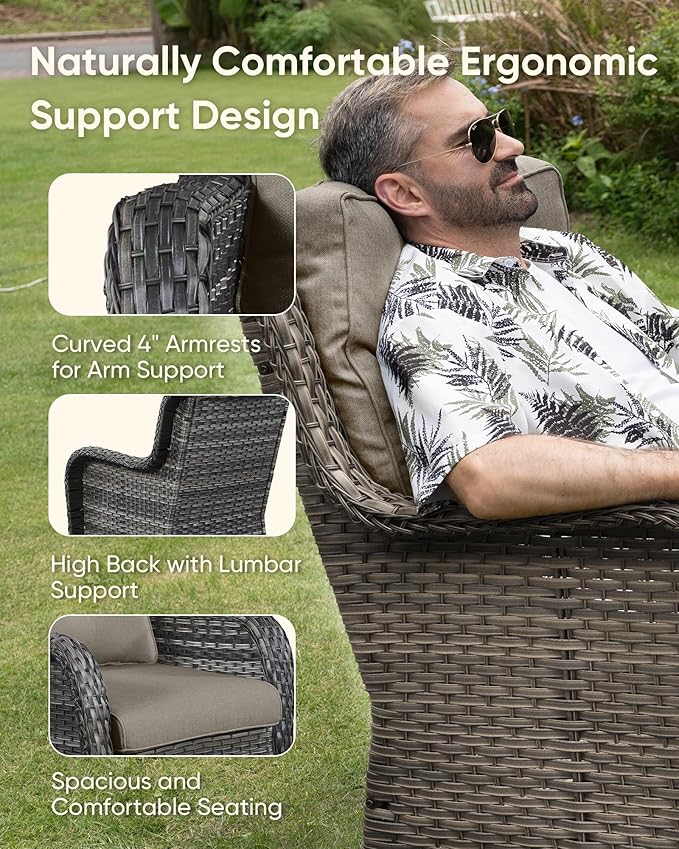 HUMMUH 6-Piece Outdoor Wicker Patio Furniture Set with Swivel Glider Chairs, 3-Seat Sofa & Ottomans 5” Olefin Cushions Ergonomic Neck-Lumbar Backrest All-Weather Rattan for Garden, Deck, Porch