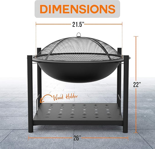 SereneLife Outdoor Wood Fire Pit - 26" Steel BBQ Grill with Mesh Spark Screen, Log Grate, Fire Poker & Cover for Camping, Picnic, Bonfire - Durable, Easy to Assemble, 2 in 1