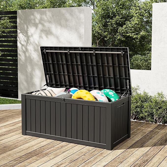 Outdoor Storage Box, Resin Deck Boxes Indoor and outdoor, Waterproof Storage Box Lockable Lid (Black, 150 Gallon)