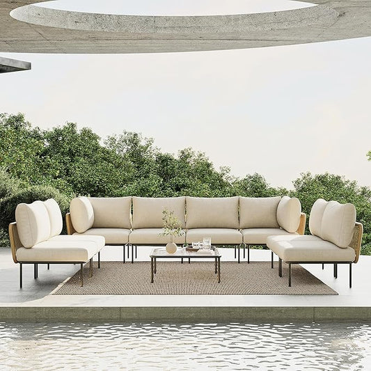 9 Piece Modern Outdoor Rope Wicker Sectional Patio L-Shaped Conversation Sofa Set Deep Seating with Thick Cushions
