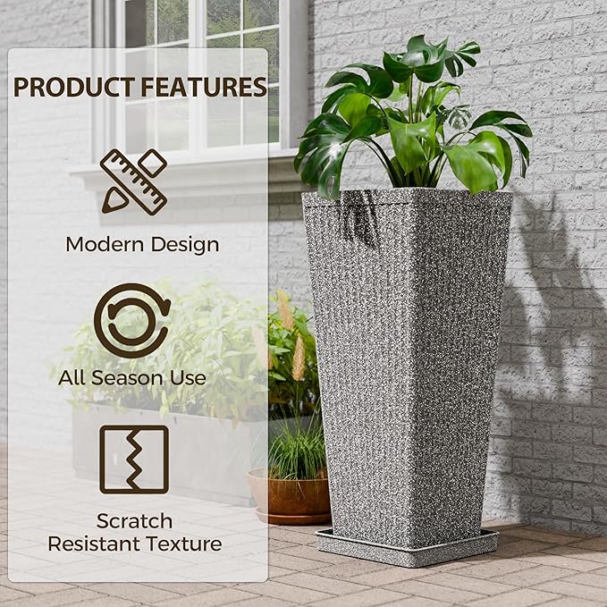 Tapered Tall Planters for Outdoor Plants 2 Pack- 23.6 Inch Heavy-Duty Classic Square Indoor Flower Pots with Drainage Holes/Partition/Tray, Large Outdoor Planters for Porch Patio, Gray