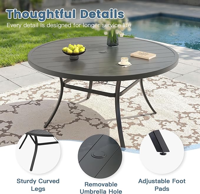 DIFY 60" Round Patio Dining Table for 8-10, Outdoor Metal Dining Table with 1.57" Umbrella Hole for Backyard Lawn Garden, Black