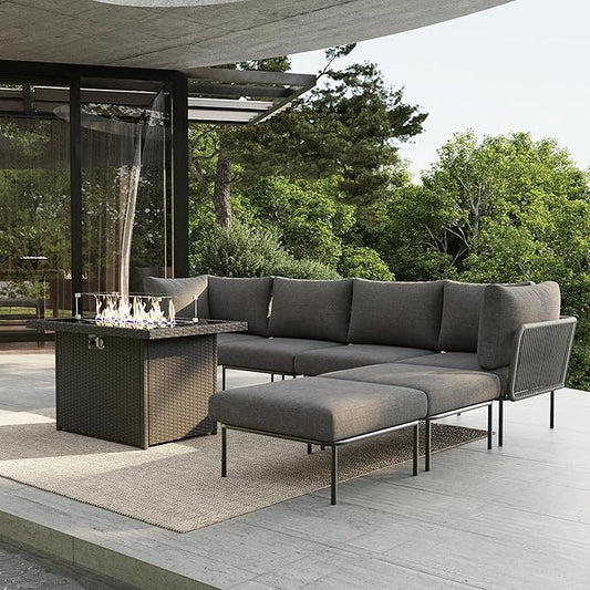 7 Piece Modern Outdoor Rope Wicker Sectional Patio L-Shaped Conversation Sofa Set Deep Seating with Fire Pit Table