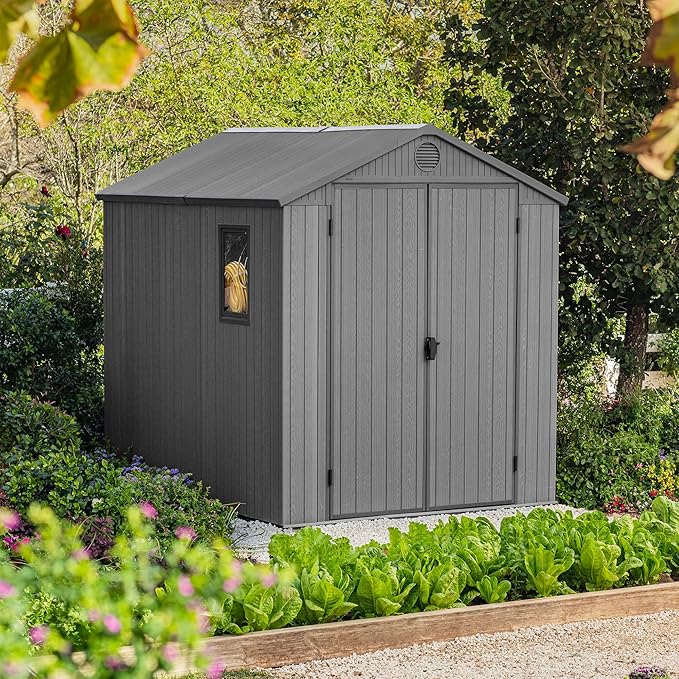 Keter Outdoor Storage Tool Shed, for House, Patio & Yard, Darwin, 6 x 8 Ft, Graphite Gray - Portable and Lockable Resin Utility Organizer for Backyard, Pool, Garden or Lawn Organization