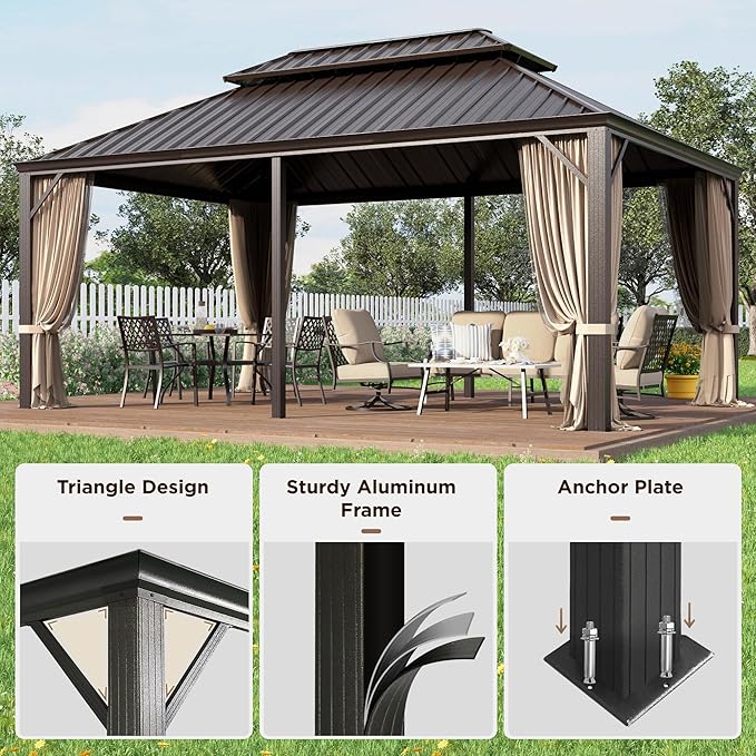 GREEN PARTY 12 X 18ft Hardtop Gazebo with Nettings and Curtains, Heavy Duty Double Roof Galvanized Steel, Outdoor Aluminum Gazebos Pergolas for Patios, Backyard, Deck, Garden, Lawns