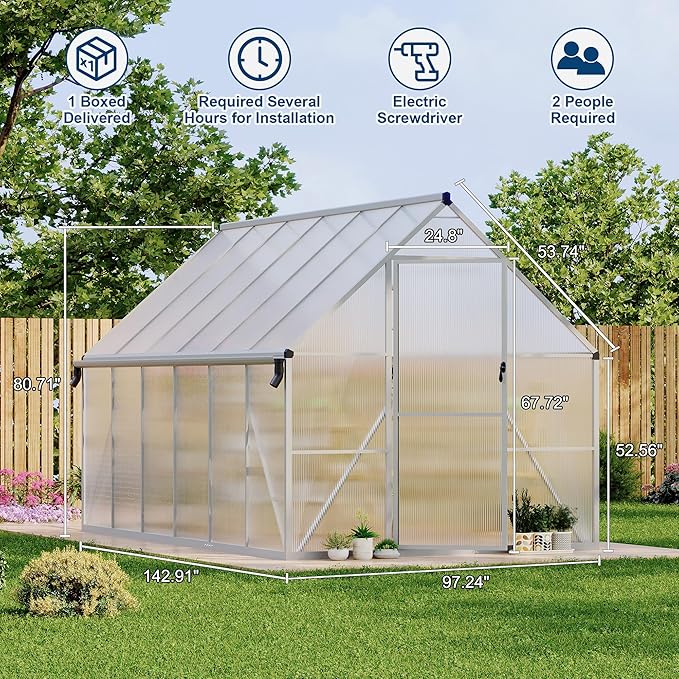 Polycarbonate Greenhouse for Outdoors, Large Walk-InGreenhouse with Quick Setup Structure and Roof Vent, Greenhouse with Ventilation