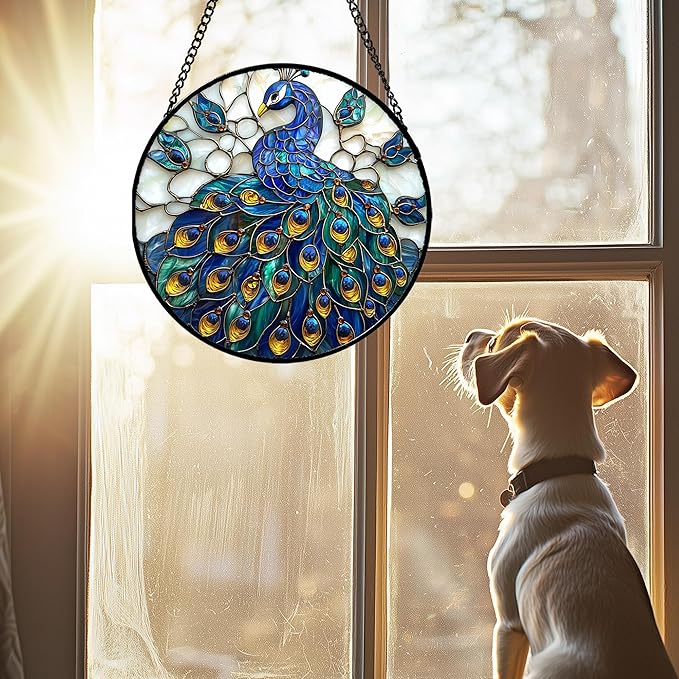 AMDERVEN Stained Glass Window Hanging - Peacock Blue Gold Feathers Sun Catcher for Door Garden Home Decor Bird Suncatcher Christmas Mother's Day Birthday Gifts for Women Men Mom Nana 6.3 in