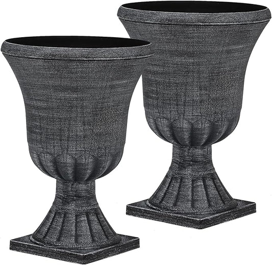 22" Urn Planters Outdoor Planter for Plants Set of 2 Timeless Plastic Large Flower Pot with Drainage Hole Handmade Washed Black Finish Garden Pots for Porch, Patio Christmas Decor