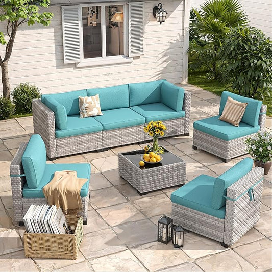 6-Seat Modular Patio Furniture Set – Outdoor Wicker Sectional Sofa with Thick 4″ Cushions, Dual-Strand PE Rattan, Rust-Resistant 18 mm Steel Frame, Backyard Garden Deck Lounge,Blue