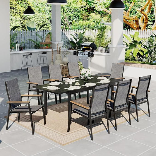 Sophia & William Patio Dining Set 9 Pieces, 8 Aluminium Patio Dining Chairs with 1 Extendable Dining Table for 6-8 Person, Patio Table and Chairs for Outdoor Lawn (Grey)